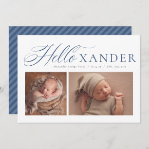 Hello elegant script two photo navy blue boy birth announcement