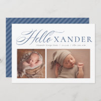 Hello elegant script two photo navy blue boy birth