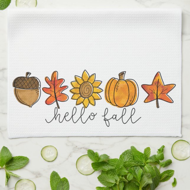 Hello Fall Acorn Sunflower Leaves & Pumpkin Tea Towel (Folded)