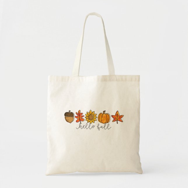 Hello Fall Acorn Sunflower Leaves & Pumpkin Tote Bag (Front)