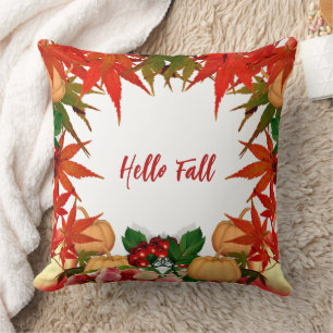 Hello Fall Autumn Colours Pumpkin Maple Leaves Cushion
