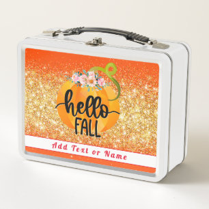 Hello Fall Autumn Customise Text and Colour Metal Lunch Box