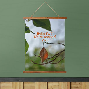 Hello Fall Autumn Leaf among Green Leaves Hanging Tapestry