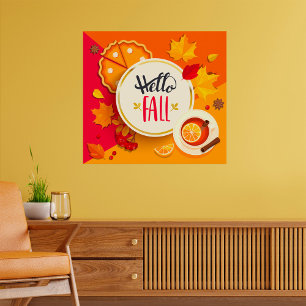 Hello Fall Autumn Leaves And Drink Poster