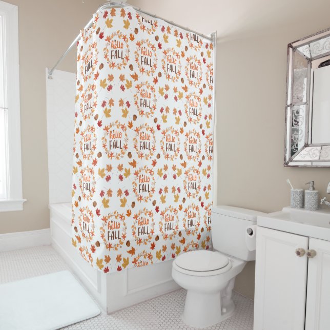 Hello Fall Autumn Leaves Seamless Pattern Shower Curtain (In Situ)