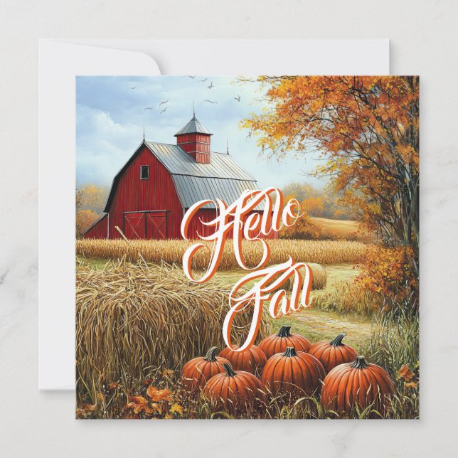 Hello Fall Autumn Thanksgiving Rural Barn Pumpkins Invitation (Front)