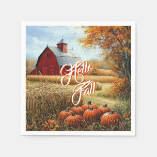 Hello Fall Autumn Thanksgiving Rural Barn Pumpkins Napkin