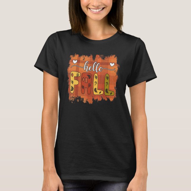 Hello Fall Autumn Vibes Cute Fall Plaid Leaves Pat T-Shirt (Front)