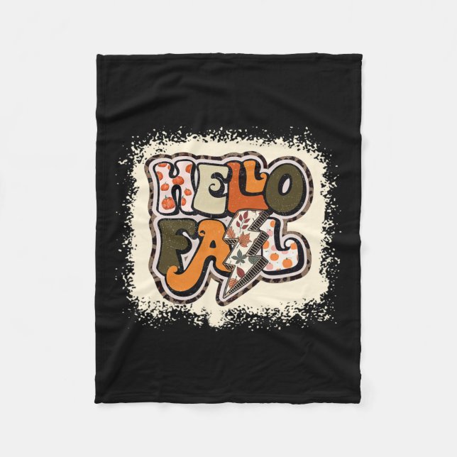 Hello Fall Autumn Vibes Retro Groovy  Fleece Blanket (Front)