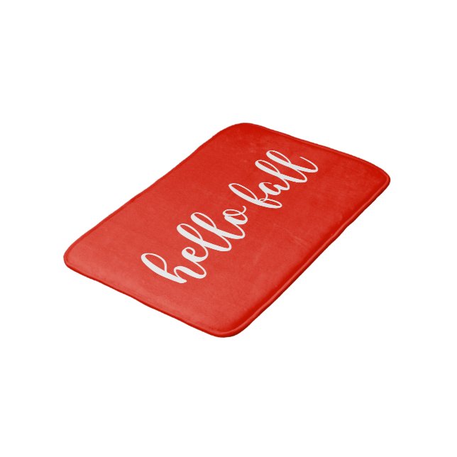 Hello Fall Bright Warm Red Script Typography Bath Mat (Angled)