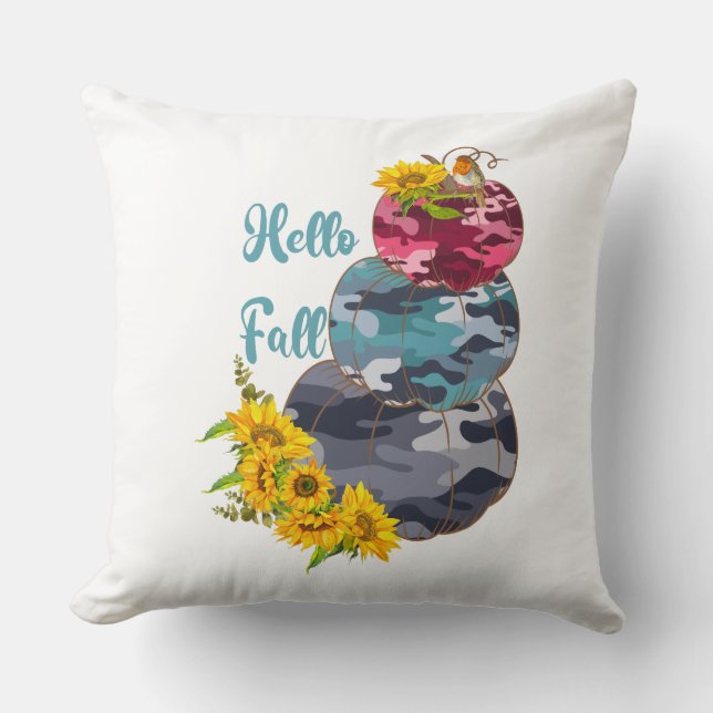 Hello Fall – Camouflage Pumpkins & Sunflowers Cushion (Front)