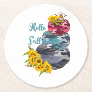 Hello Fall – Camouflage Pumpkins & Sunflowers Round Paper Coaster