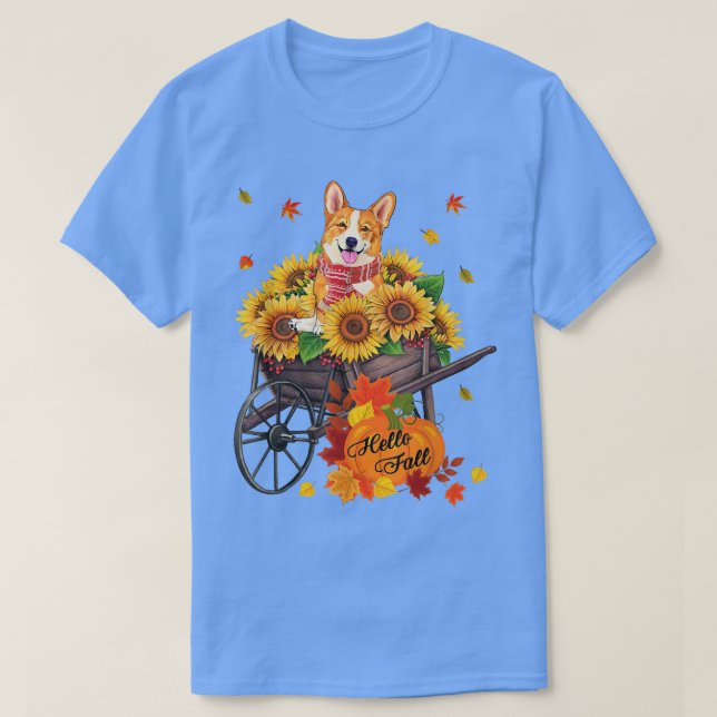 Hello Fall Corgi Dog In Sunflowers Leaves Autumn  T-Shirt (Design Front)