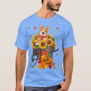 Hello Fall Corgi Dog In Sunflowers Leaves Autumn  T-Shirt
