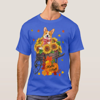 Hello Fall Corgi Dog In Sunflowers Leaves Autumn  T-Shirt