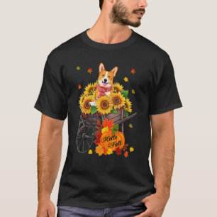 Hello Fall Corgi Dog In Sunflowers Leaves Autumn T-Shirt