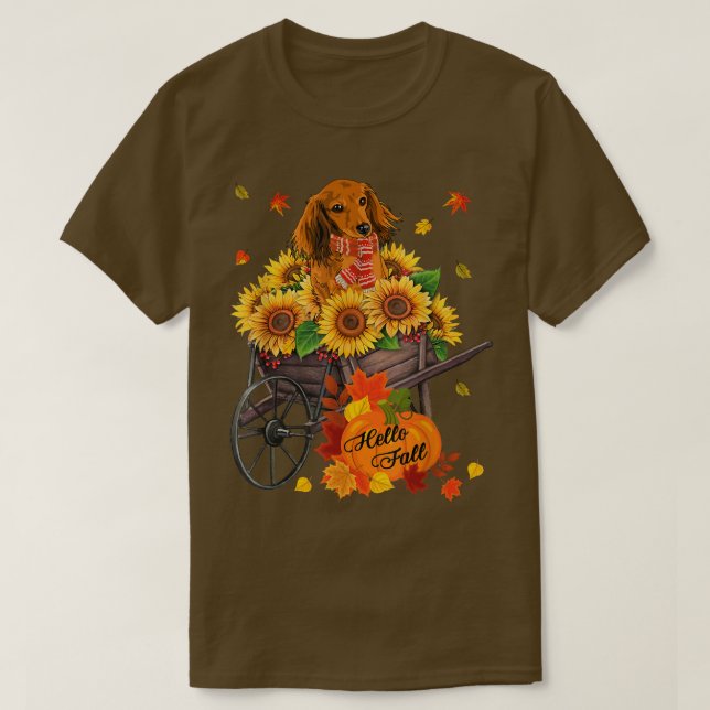 Hello Fall Dachshund Dog In Sunflowers Leaves Autu T-Shirt (Design Front)