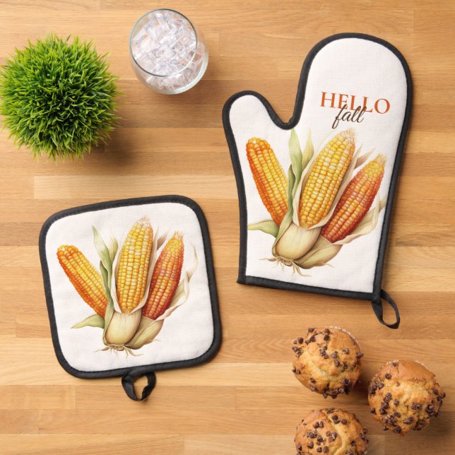 HELLO FALL, EARS OF CORN, OVEN MITT & POT HOLDER SET (Top Down)