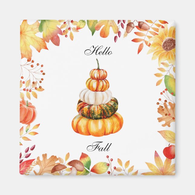 Hello Fall-Elegant Autumn Pumpkins and Fall Leaves Magnet (Front)
