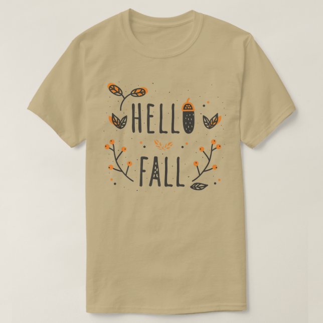 Hello Fall Falling Autumn Leaves Cute Botanic Foli T-Shirt (Design Front)