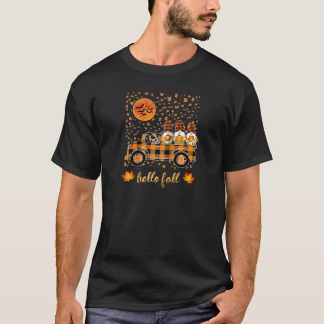 hello fall Funny Gnomes Holding Pumpkin Riding Tru T-Shirt (Front)