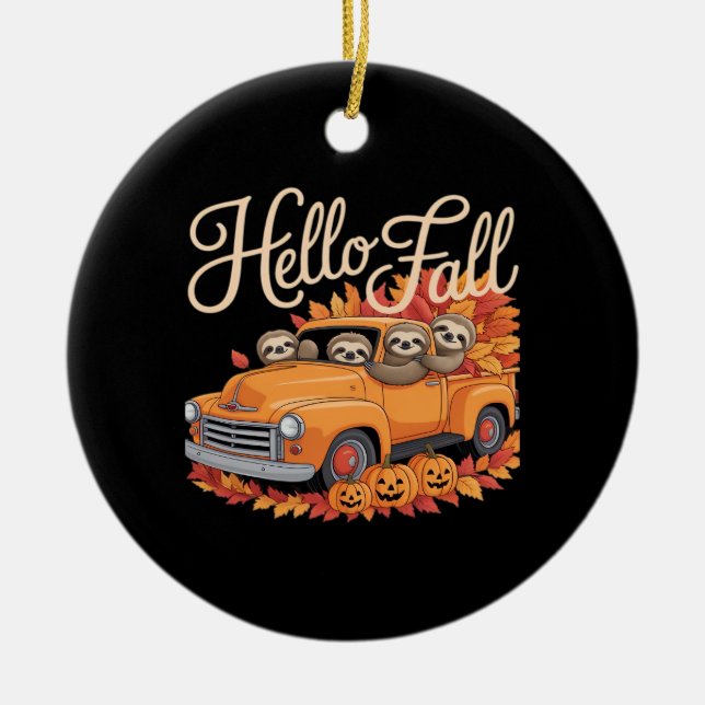 Hello Fall Funny Sloth Halloween pumkin Classic T- Ceramic Tree Decoration (Front)