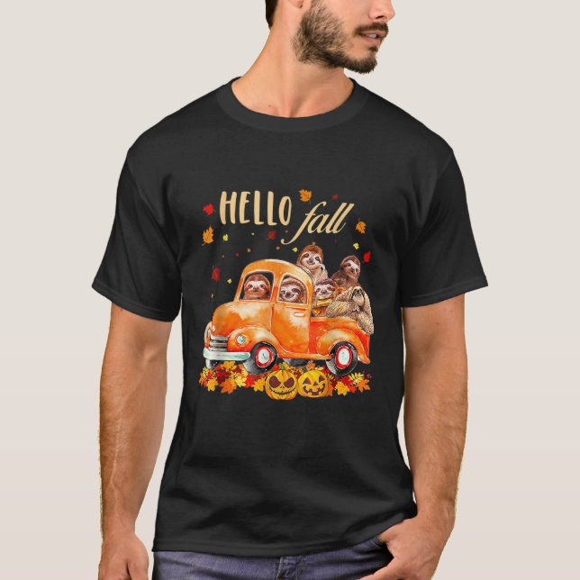 Hello Fall Funny Sloth T Shirt Halloween pumkin T  (Front)