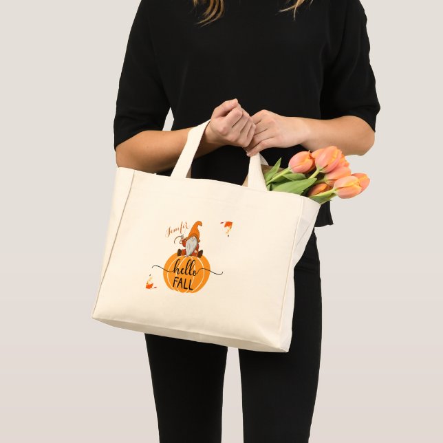 Hello Fall Gnome On Pumpkin Tote Bag (Front (Product))