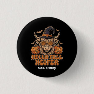 Hello Fall Heifer Halloween Highland Cow Retro  3 Cm Round Badge