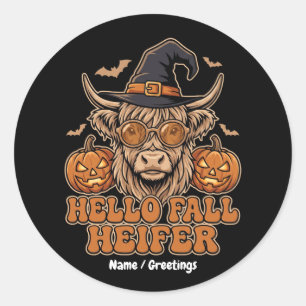 Hello Fall Heifer Halloween Highland Cow Retro Classic Round Sticker