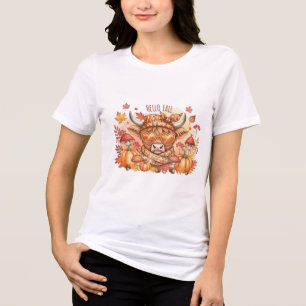 Hello Fall Highland Cow Autumn Leaves Pumpkin Hear Tri-Blend Shirt