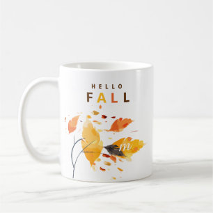 Hello Fall  Initial Watercolor Leaves Coffee Mug