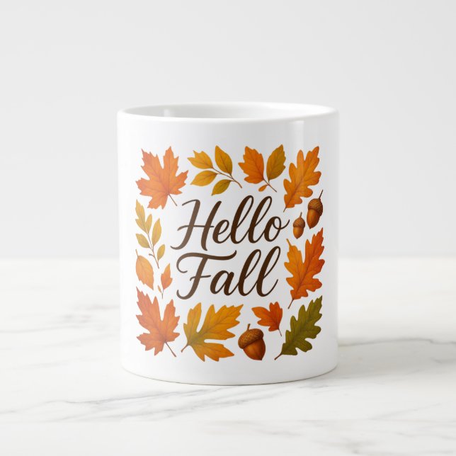 Hello Fall leaves and acorns Large Coffee Mug (Front)