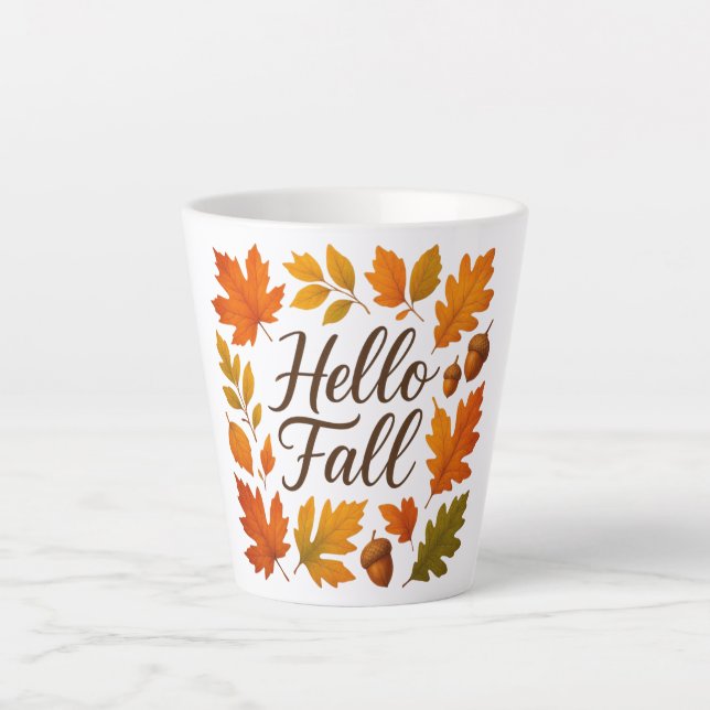 Hello Fall leaves and acorns Latte Mug (Front)