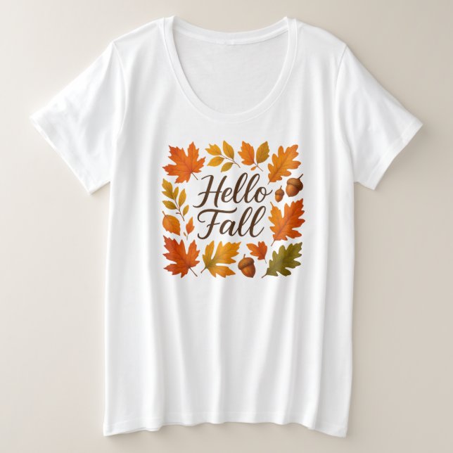Hello Fall leaves and acorns Plus Size T-Shirt (Design Front)