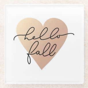 Hello Fall Love Heart Glass Coaster