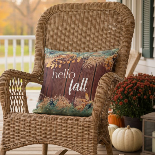 Hello Fall Modern Elegant Foliage Wood Cushion (Creator Uploaded)