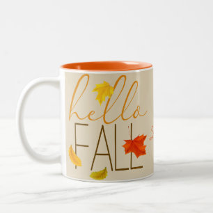 Hello Fall Modern Typography and Leaves Two-Tone Coffee Mug
