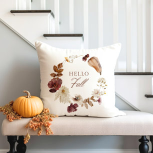 Hello Fall Pumpkin, Leaves and Flowers Cushion