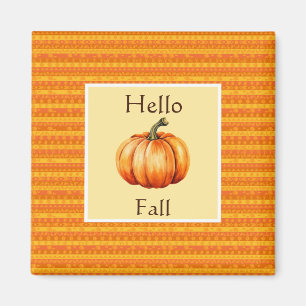 Hello Fall Pumpkin Orange Striped Autumn Decor Magnet