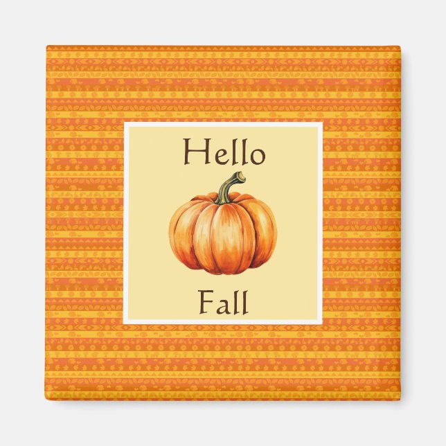 Hello Fall Pumpkin Orange Striped Autumn Decor Magnet (Front)