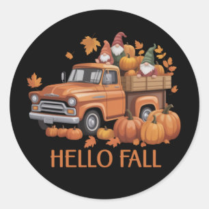 Hello Fall Pumpkin Pickup Truck Gnome Autumn Tree  Classic Round Sticker