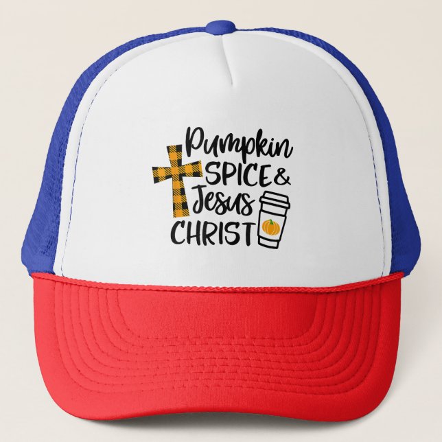 Hello Fall Pumpkin Spice & Jesus Christ Fall Chris Trucker Hat (Front)