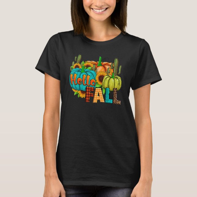 Hello Fall Pumpkin Spice Sunflower Cactus Fall Lea T-Shirt (Front)