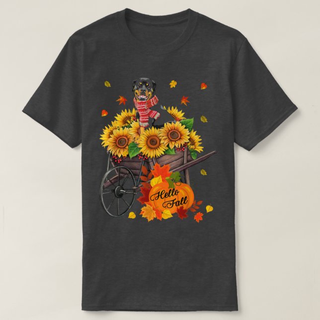 Hello Fall Rottweiler Dog In Sunflowers Leaves Aut T-Shirt (Design Front)