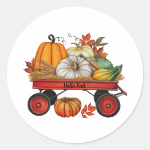 Hello Fall Rustic Country Wagon with Pumpkins Classic Round Sticker