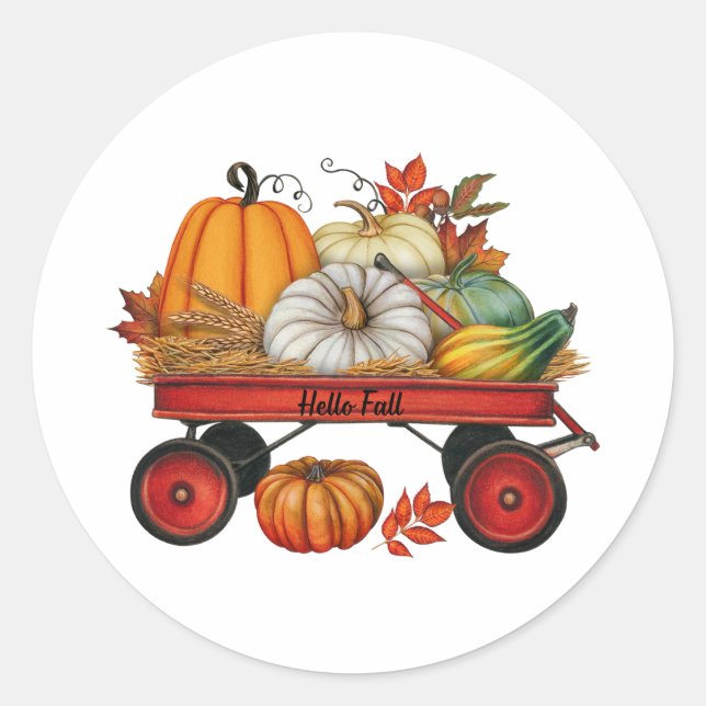 Hello Fall Rustic Country Wagon with Pumpkins  Classic Round Sticker (Front)