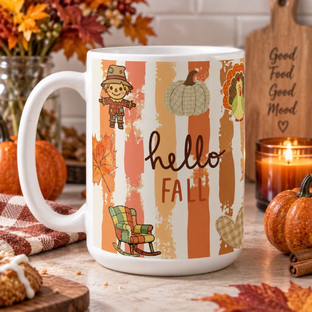 Hello Fall Rustic Patchwork Orange Leaves Stripes Coffee Mug (Creator Uploaded)