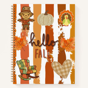 Hello Fall Rustic Patchwork Orange Leaves Stripes Notebook