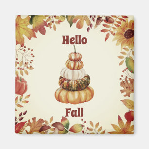 Hello Fall Rustic Pumpkin Decor with Autumn Leaves Magnet